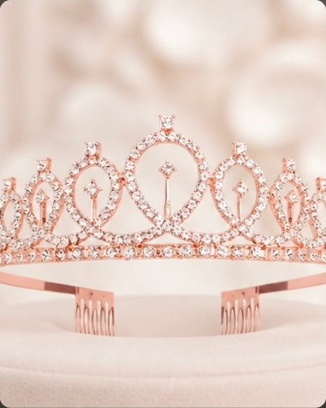 Rose Gold Rhinestone Tiara Crown with Side Combs
