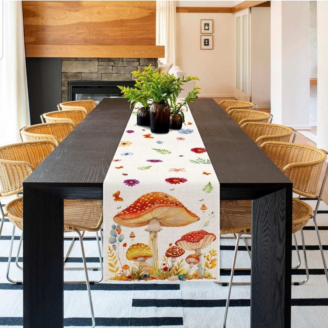 Woodland Mushroom Table Runner – 72" Boho Forestcore Decor for Kitchen or Altar