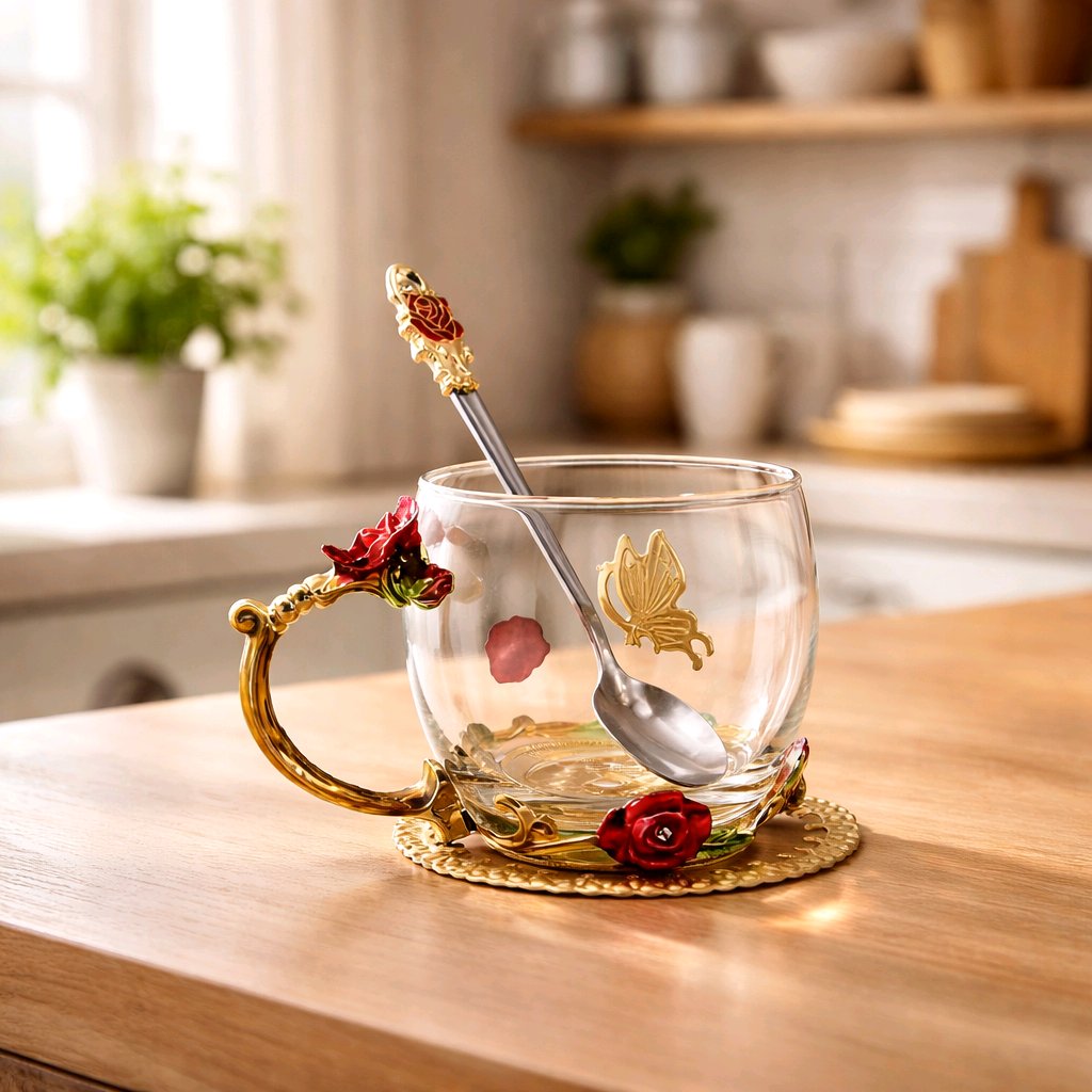 Enamel Rose & Butterfly Glass Tea Mug Set with Spoon & Coaster – Red Decorative Cup Gift
