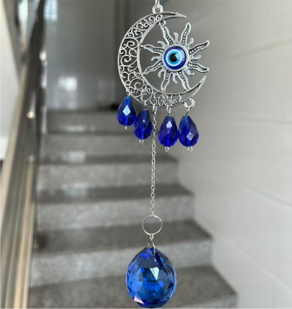 Blue Evil Eye Sun and Crescent Moon Crystal Suncatcher