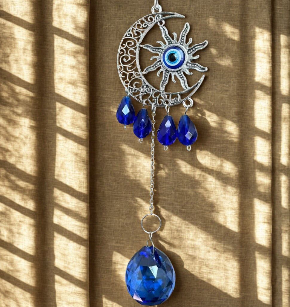 Blue Evil Eye Sun and Crescent Moon Crystal Suncatcher