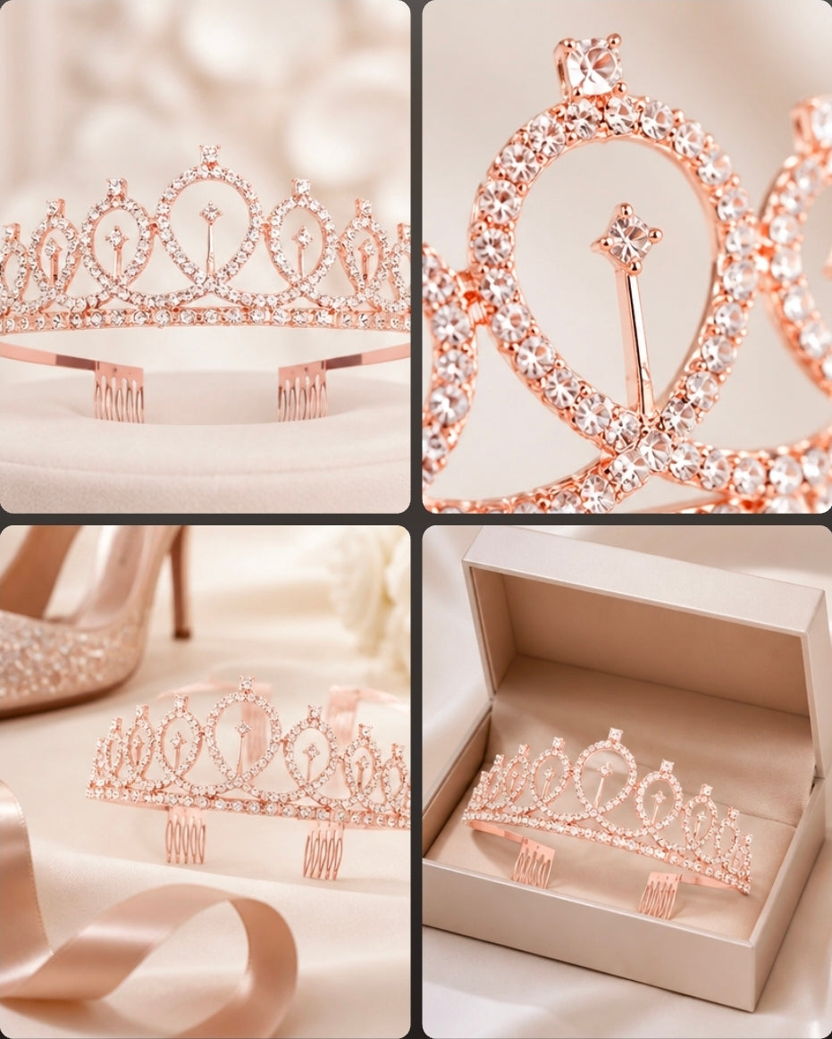Rose Gold Rhinestone Tiara Crown with Side Combs