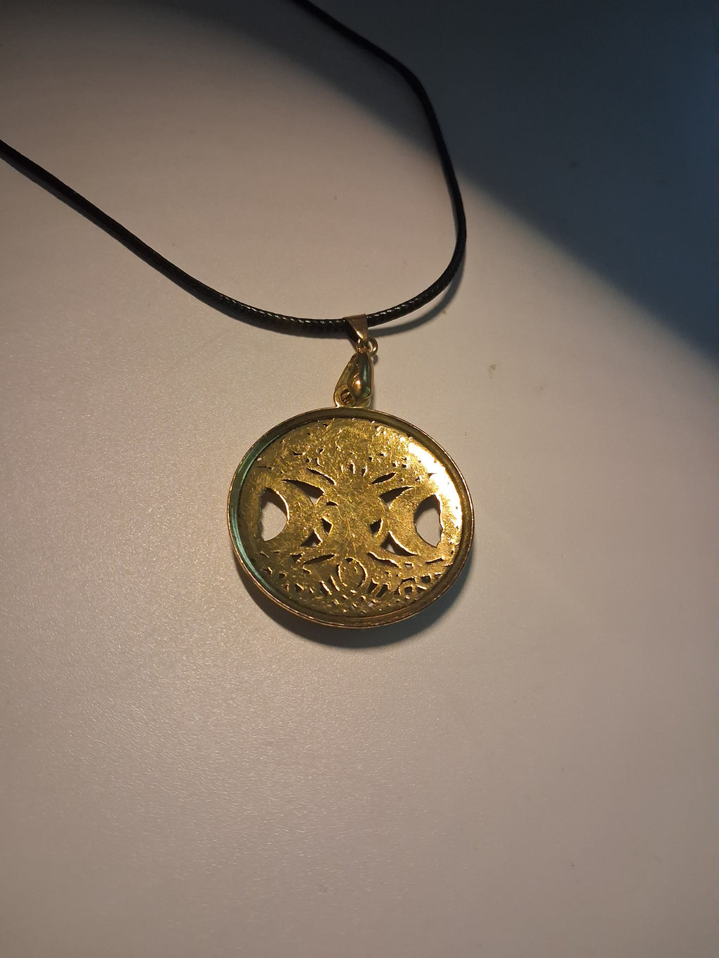 Triple Moon Pentagram Pendant Necklace - Celtic Knotwork, Gold with Black Etching