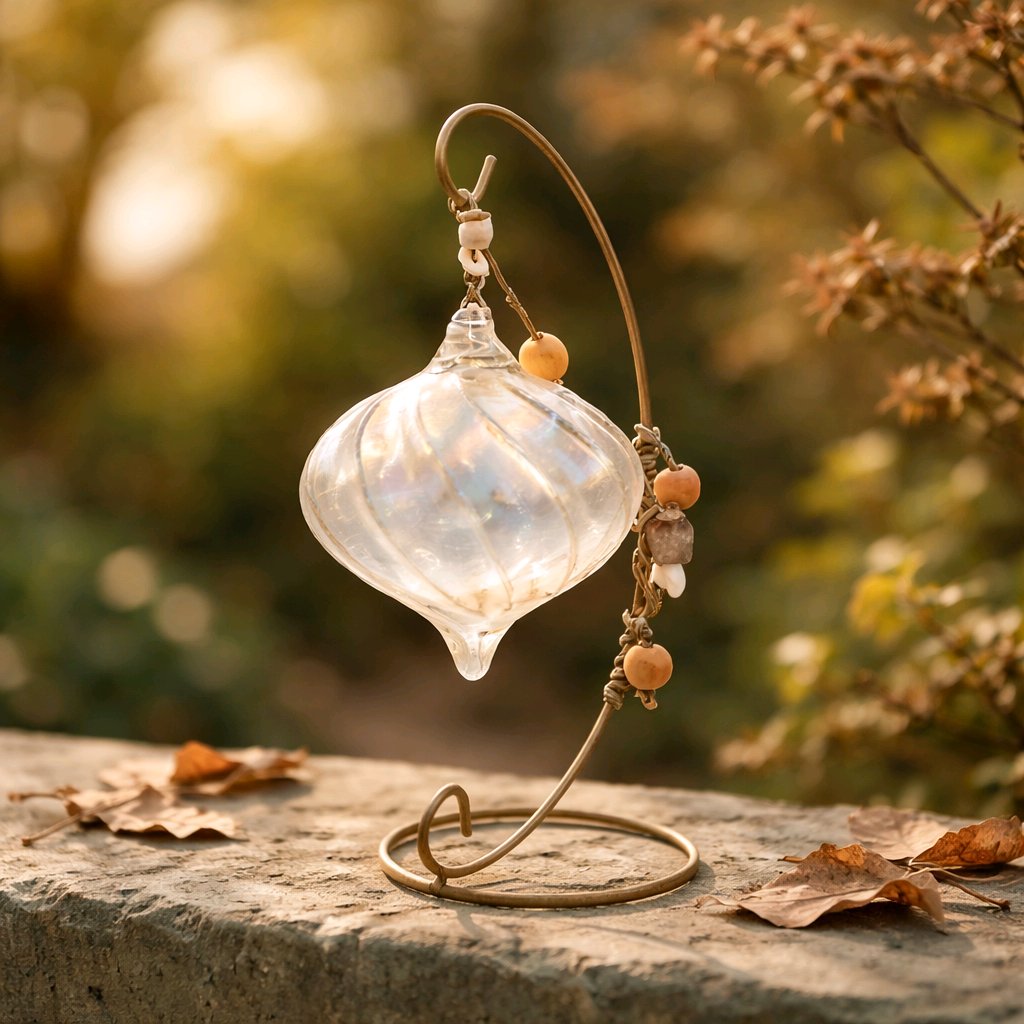 Handblown Iridescent Teardrop Glass Friendship Ornament with Macrame Hanger & Beads - Boho Artisan Decor on 9" Stand (From Roosters Peacock Personal Collection)