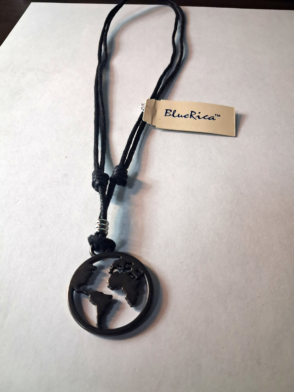 World Map Globe Pendant Necklace - Adjustable Black Cord, Gunmetal Finish