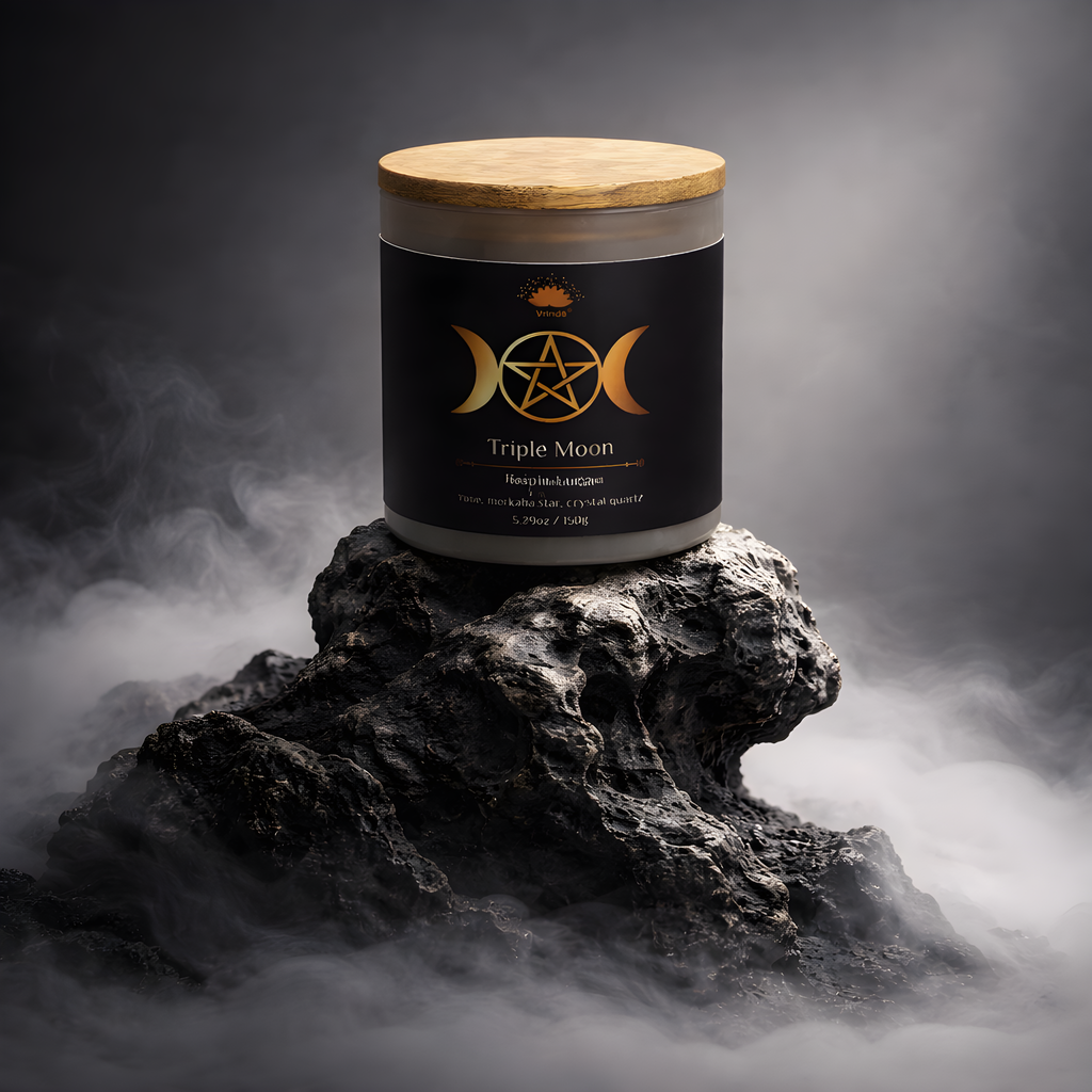 Triple Moon Scented Crystal Candle | Rose, Merkaba Star & Clear Quartz | Soy Blend 5.29oz