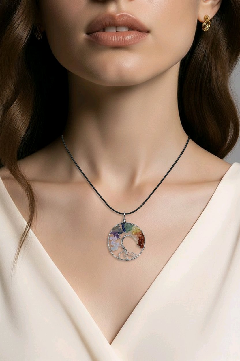 Chakra Crystal Tree of Life Pendant with Black Leather Cord - You Choose Style