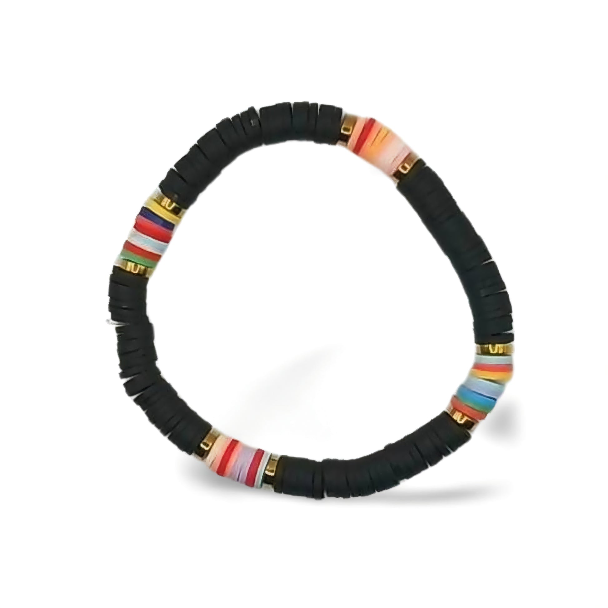 Heishi Vinyl Bead Stretch Bracelet - Colorful Rainbow Accent Boho Surfer Jewelry for Women & Teens