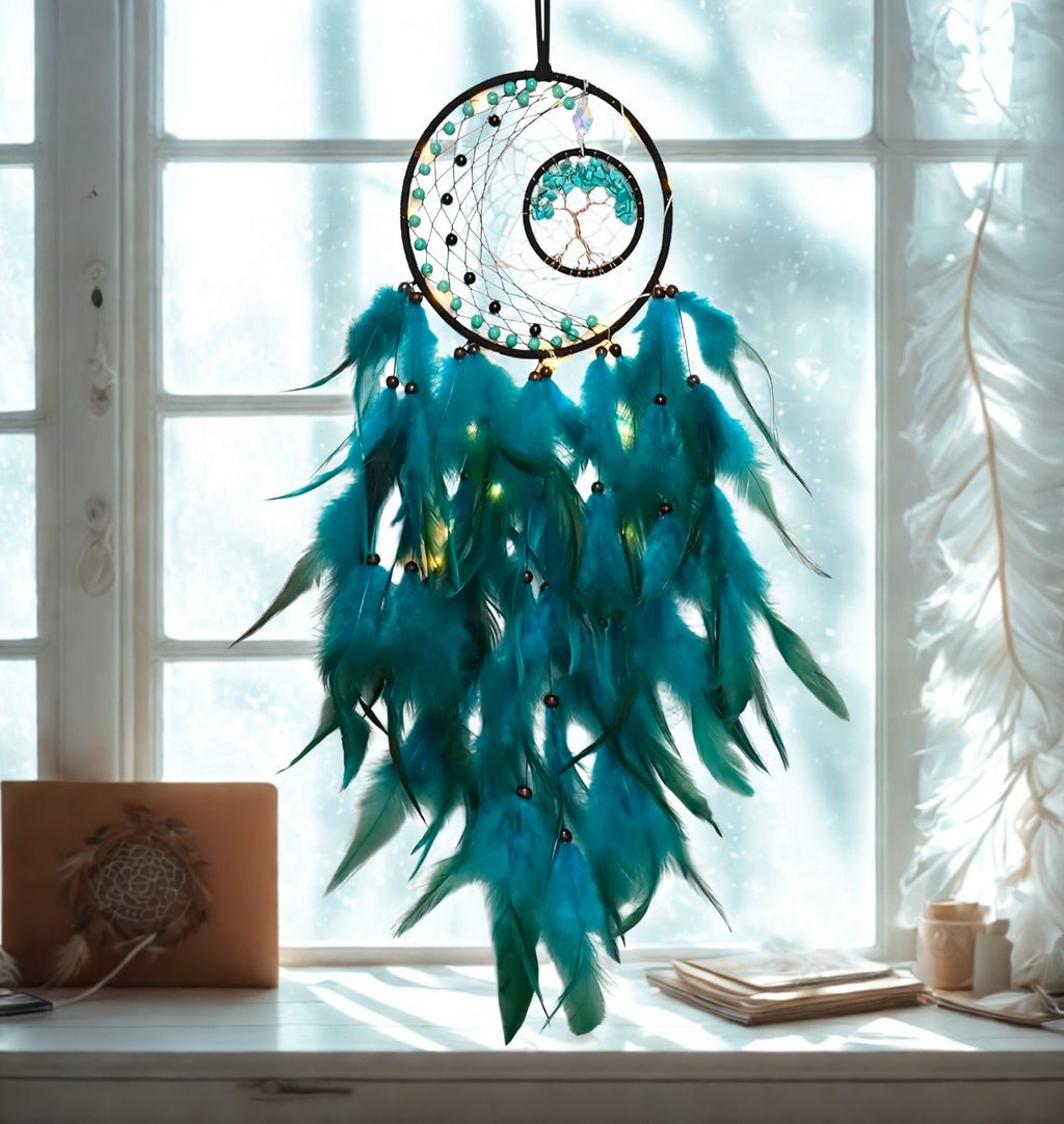 Tree of Life LED Dream Catcher Light Up   - Blue & Green with  Crystals & Feathers