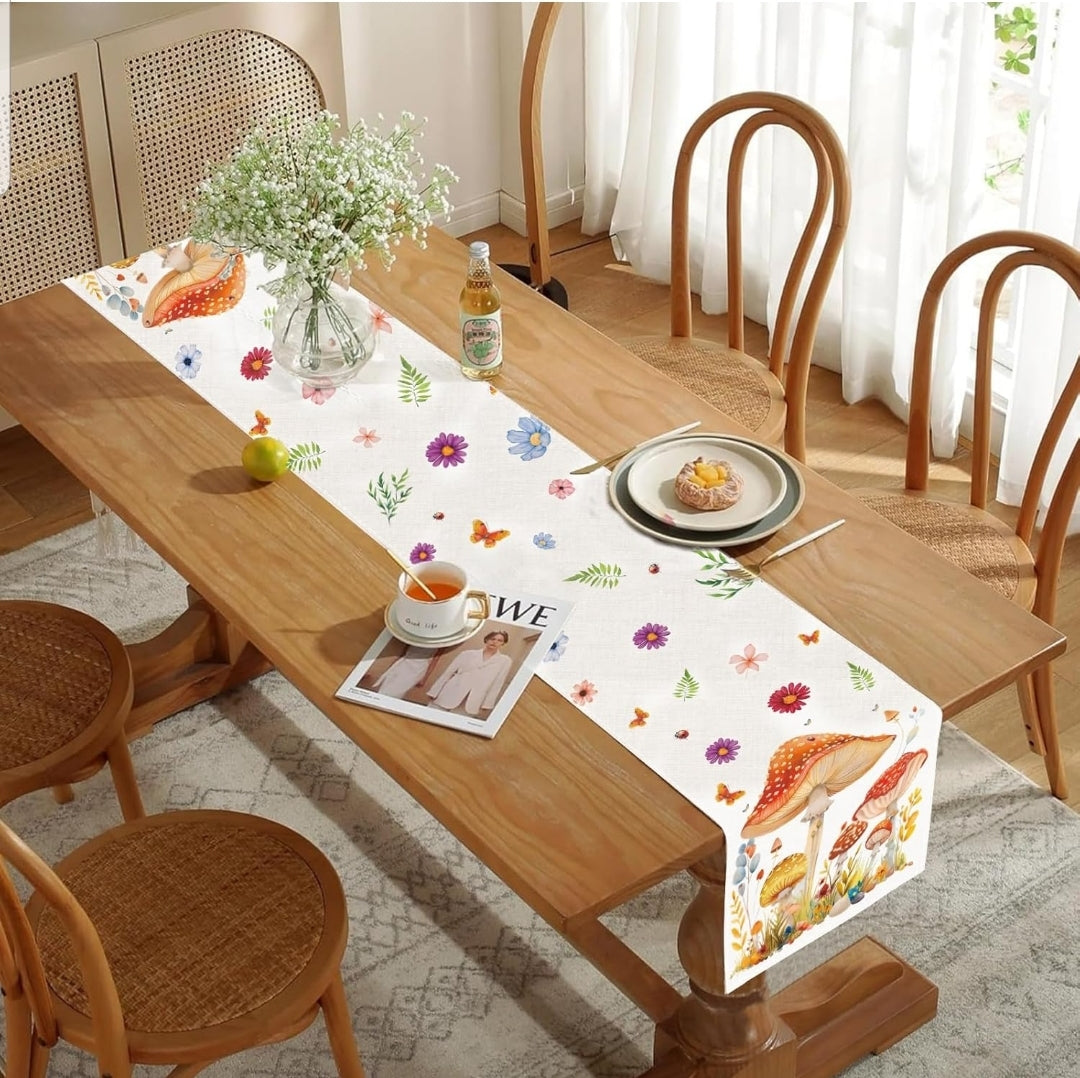 Woodland Mushroom Table Runner – 72" Boho Forestcore Decor for Kitchen or Altar