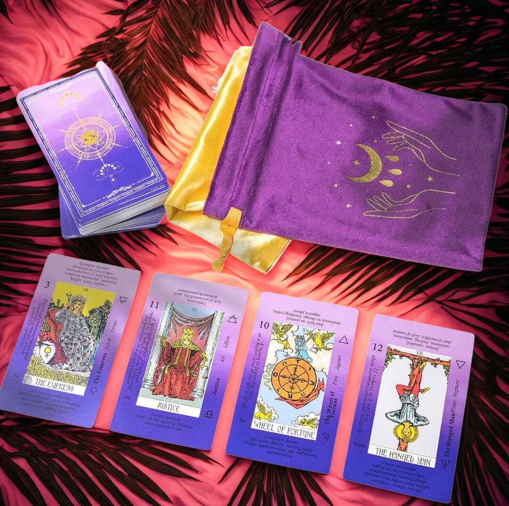 Tarot Purple Gradient Rider - Waite Deck with Velvet Pouch & Guidebook - Beginners with Qick Reference on Cards