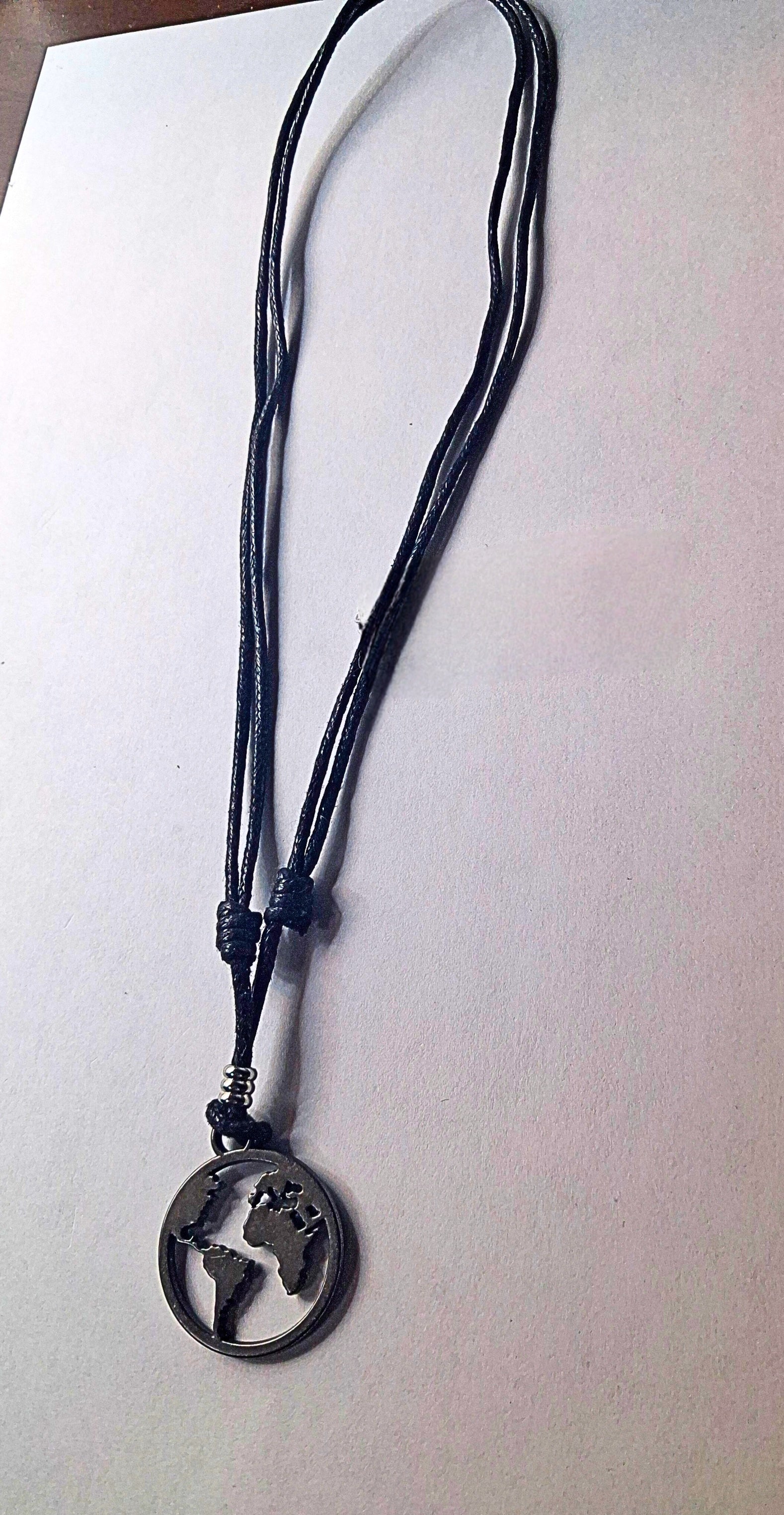 World Map Globe Pendant Necklace - Adjustable Black Cord, Gunmetal Finish