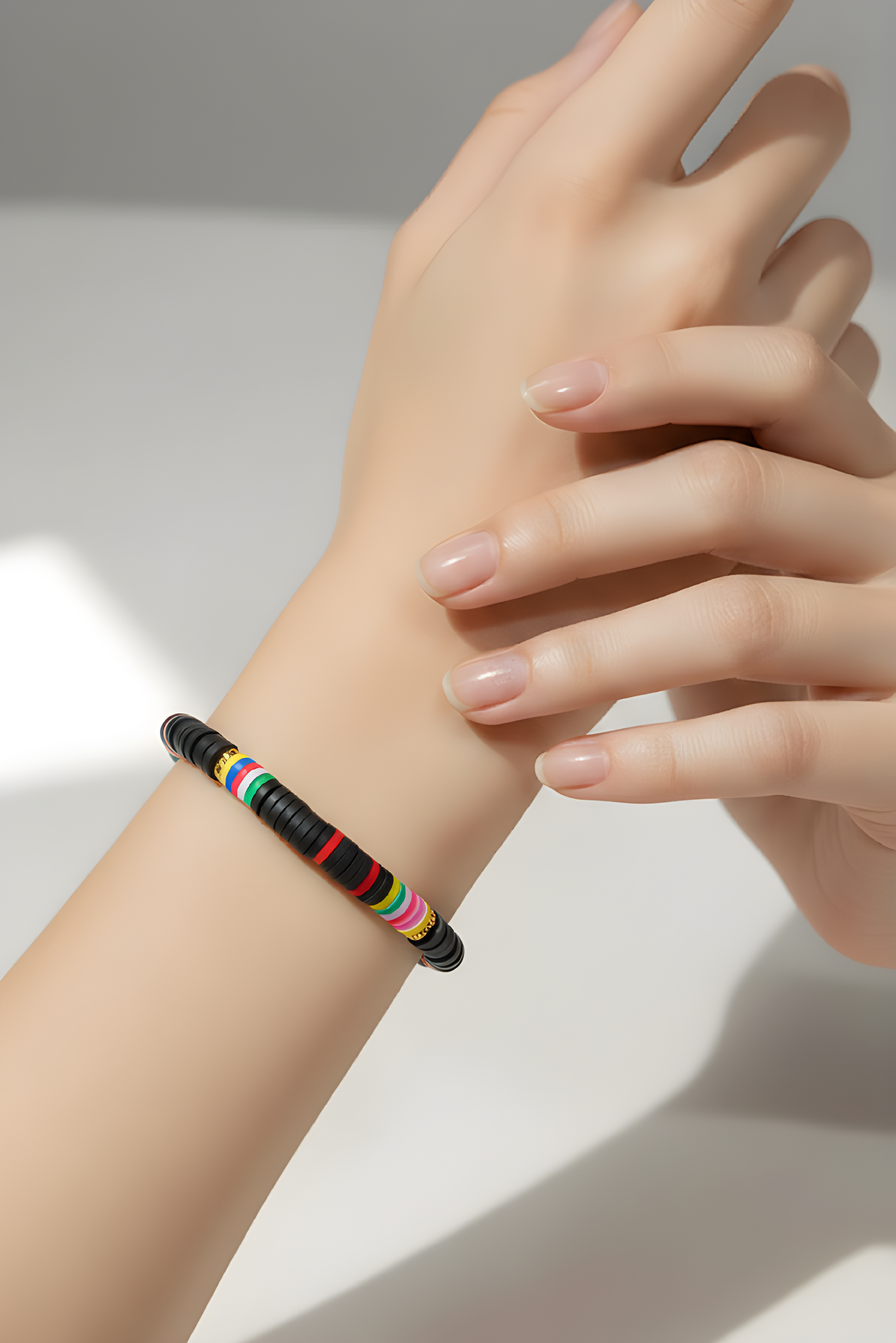 Heishi Vinyl Bead Stretch Bracelet - Colorful Rainbow Accent Boho Surfer Jewelry for Women & Teens