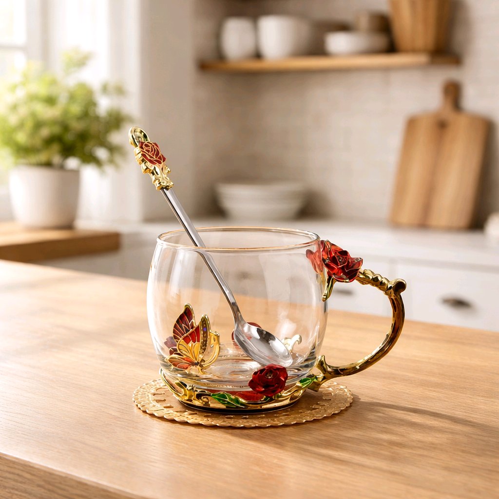 Enamel Rose & Butterfly Glass Tea Mug Set with Spoon & Coaster – Red Decorative Cup Gift