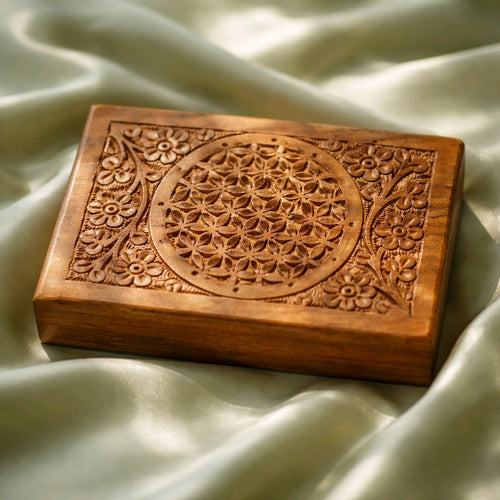 "Flower of Life Design" Carved Wooden Box  Flower of Life Design, 4 x 6 inches. Beautiful storage for crystals, tarot cards, herbs, or jewelry – perfect spiritual altar piece or sacred geometry gift.