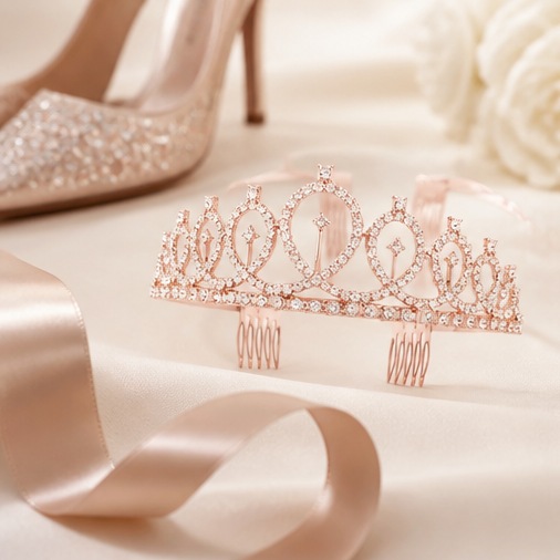 Rose Gold Rhinestone Tiara Crown with Side Combs