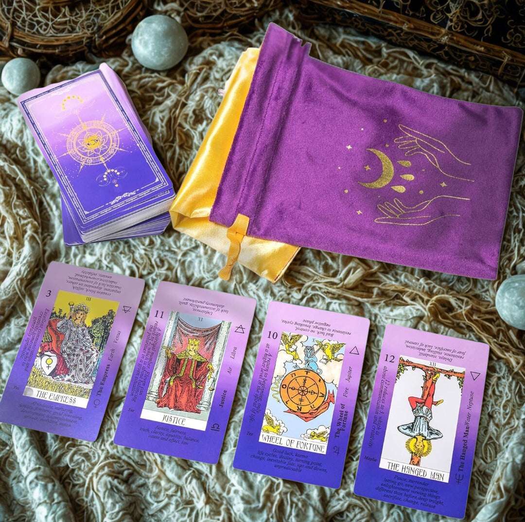 Tarot Purple Gradient Rider - Waite Deck with Velvet Pouch & Guidebook - Beginners with Qick Reference on Cards
