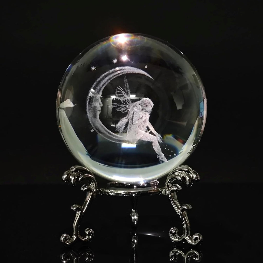 60mm 3D Laser Engraved Moon & Fairy Crystal Ball with Metal Stand - Fantasy Decor Sphere Paperweight