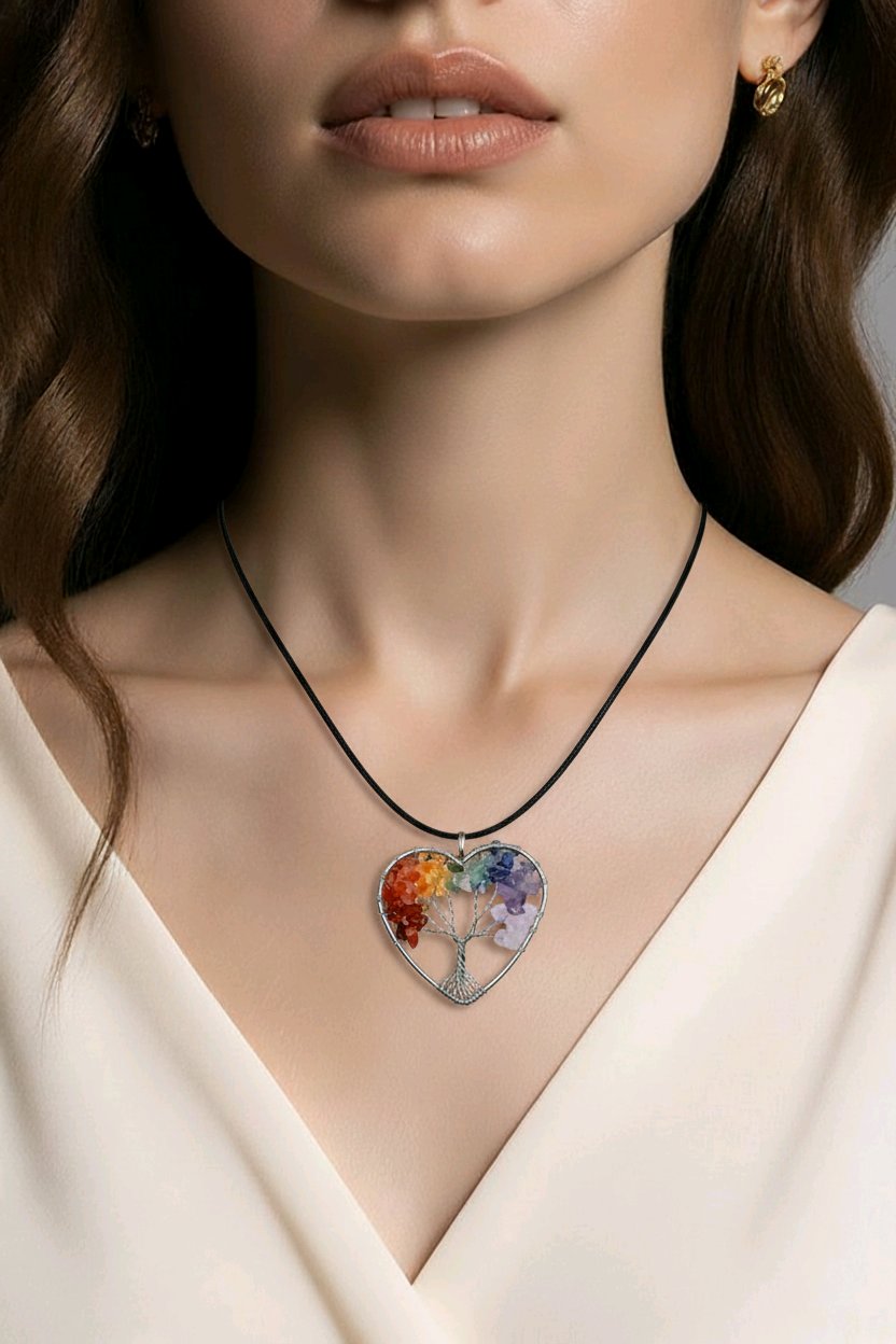 Chakra Crystal Tree of Life Pendant with Black Leather Cord - You Choose Style