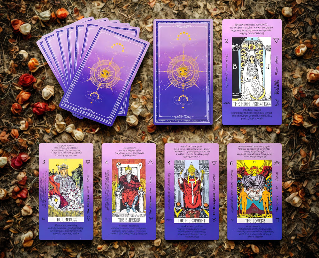 Tarot Purple Gradient Rider - Waite Deck with Velvet Pouch & Guidebook - Beginners with Qick Reference on Cards