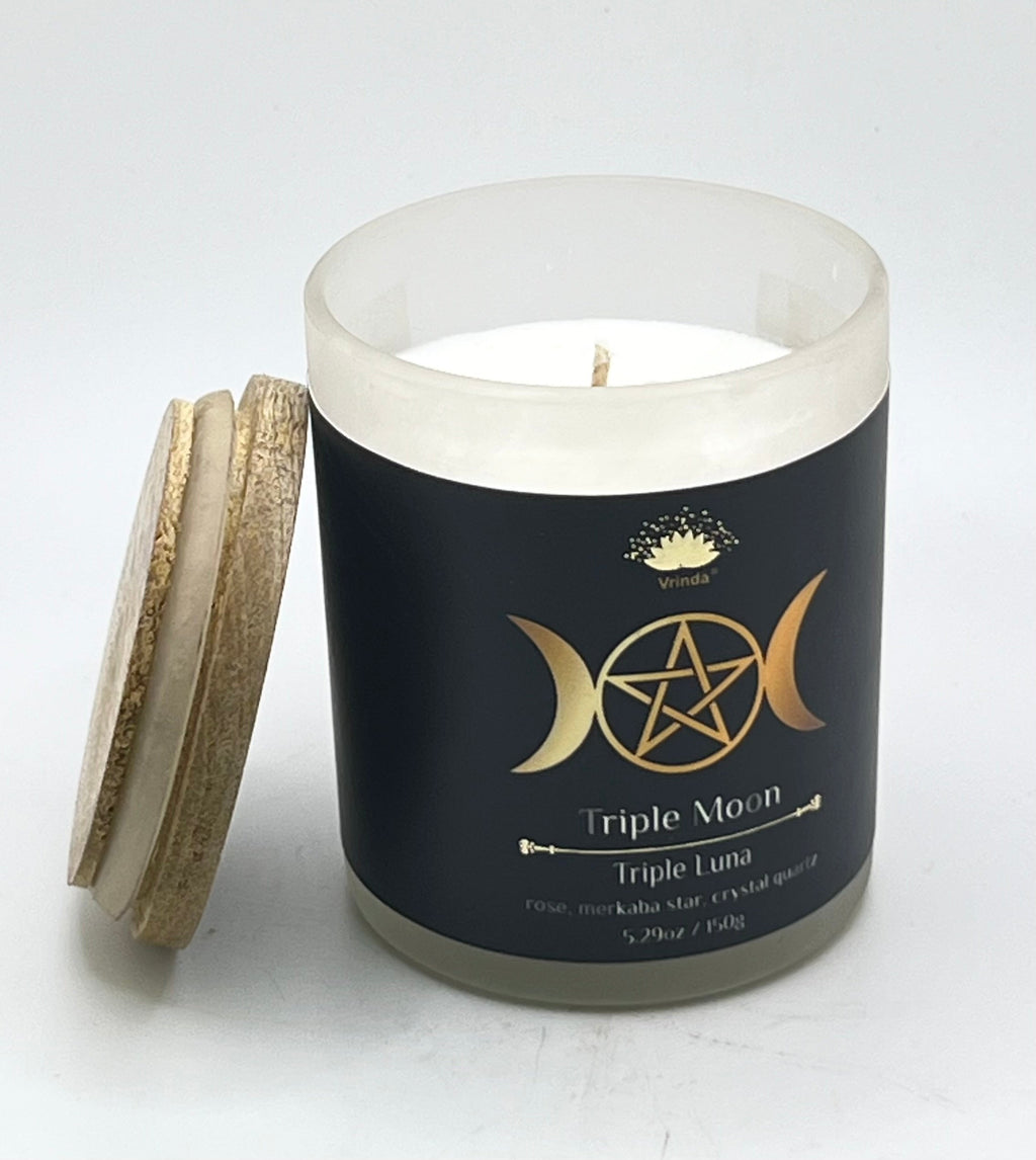 Triple Moon Scented Crystal Candle | Rose, Merkaba Star & Clear Quartz | Soy Blend 5.29oz