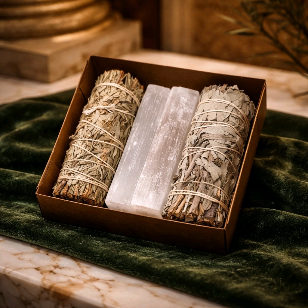 Sage & Selenite Smudging Kit - White Sage, Blue Sage & 2 Selenite Sticks