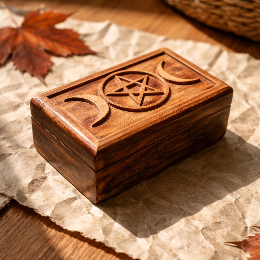 Triple Moon Pentagram Carved Wooden Box 4x6" - Wiccan Altar Storage
