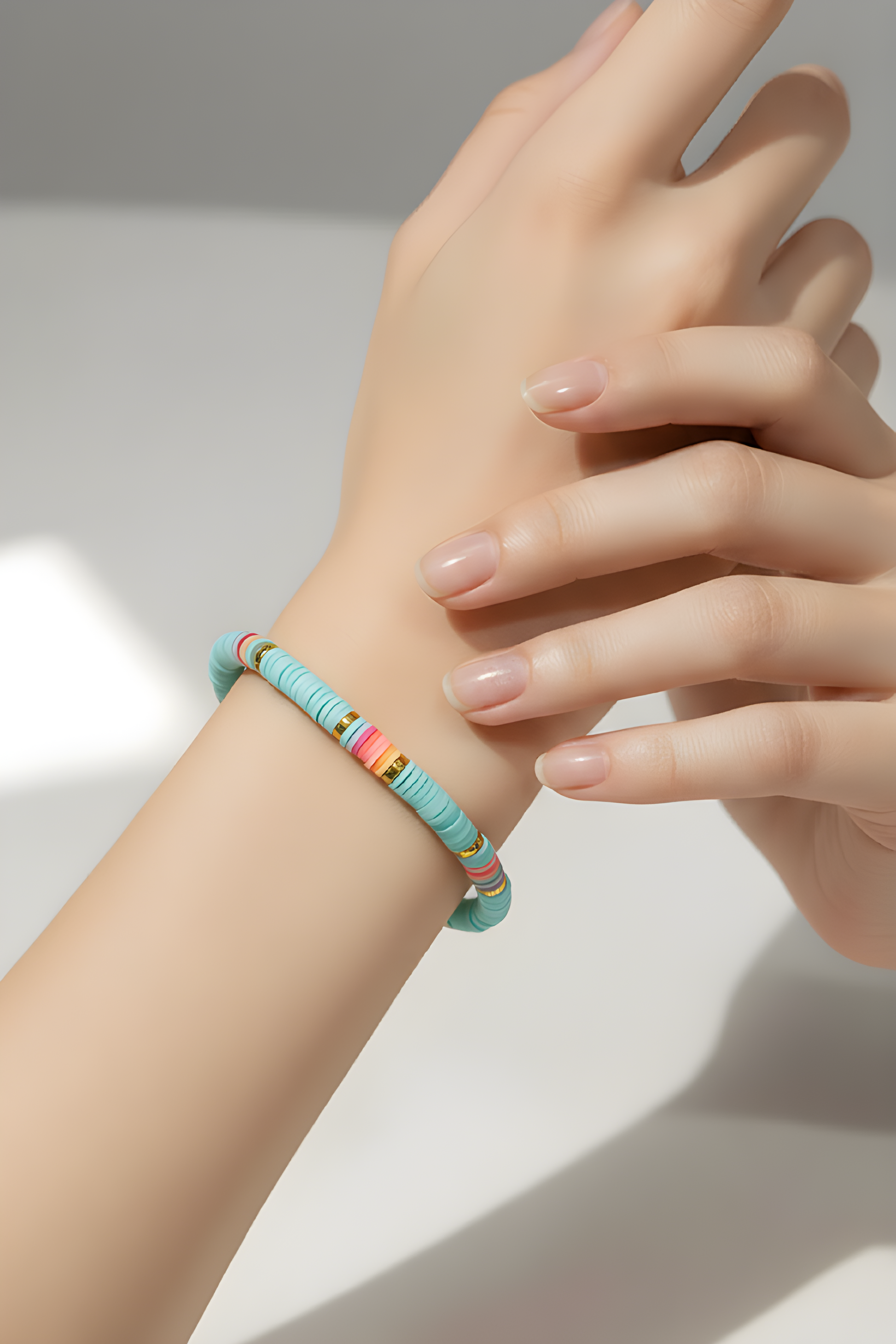 Heishi Vinyl Bead Stretch Bracelet - Colorful Rainbow Accent Boho Surfer Jewelry for Women & Teens