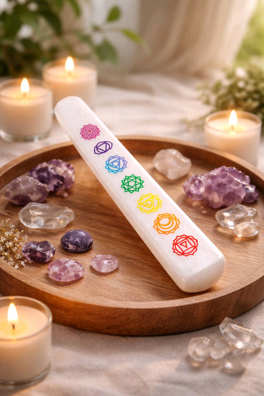 Selenite 7 Chakra Massage Wand 6-7" - Crystal Healing & Energy Tool