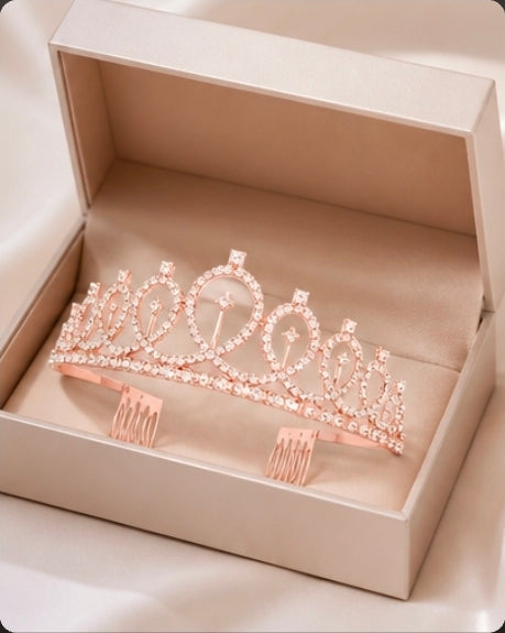 Rose Gold Rhinestone Tiara Crown with Side Combs