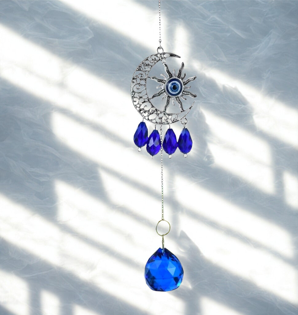 Blue Evil Eye Sun and Crescent Moon Crystal Suncatcher