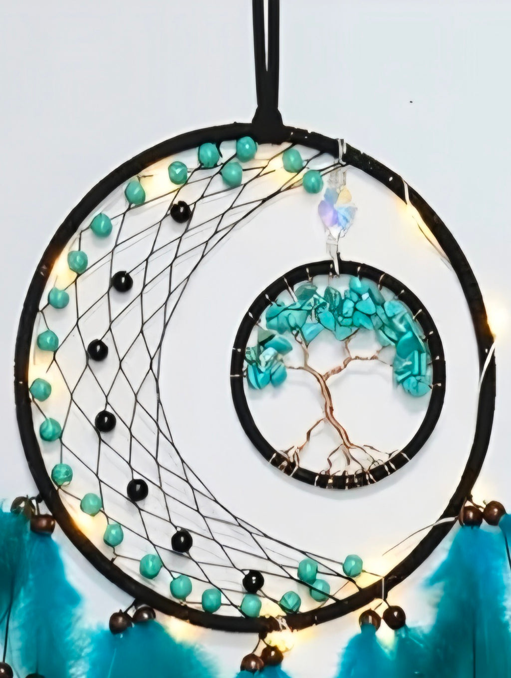 Tree of Life LED Dream Catcher Light Up   - Blue & Green with  Crystals & Feathers