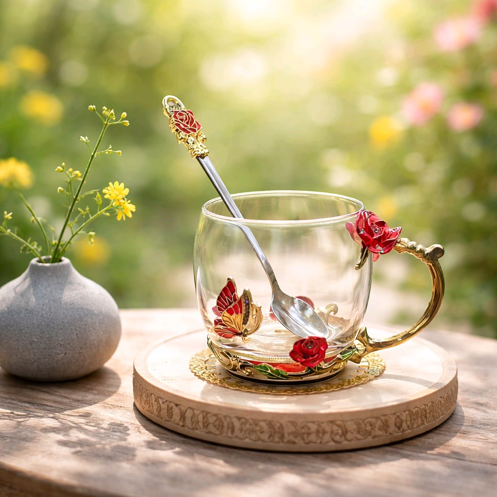 Enamel Rose & Butterfly Glass Tea Mug Set with Spoon & Coaster – Red Decorative Cup Gift