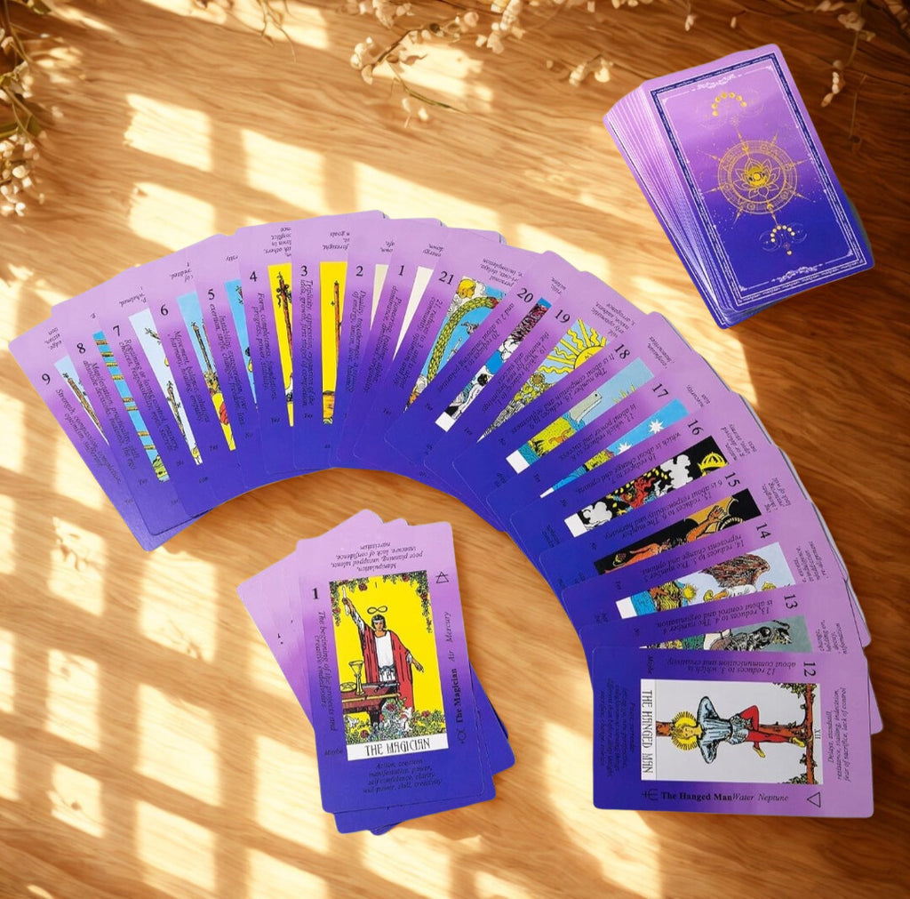 Tarot Purple Gradient Rider - Waite Deck with Velvet Pouch & Guidebook - Beginners with Qick Reference on Cards