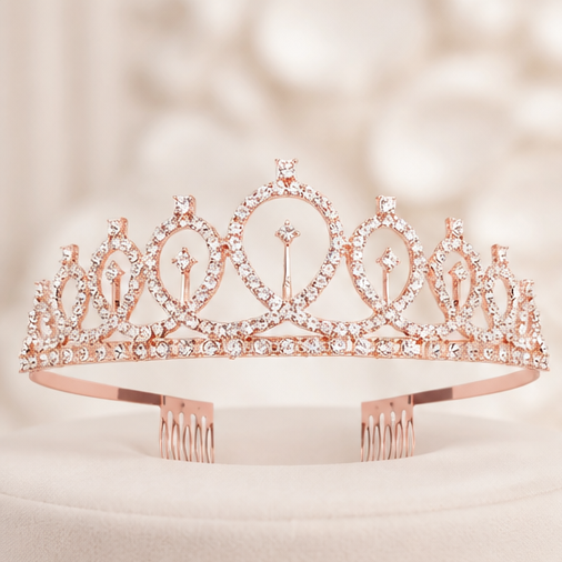 Rose Gold Rhinestone Tiara Crown with Side Combs