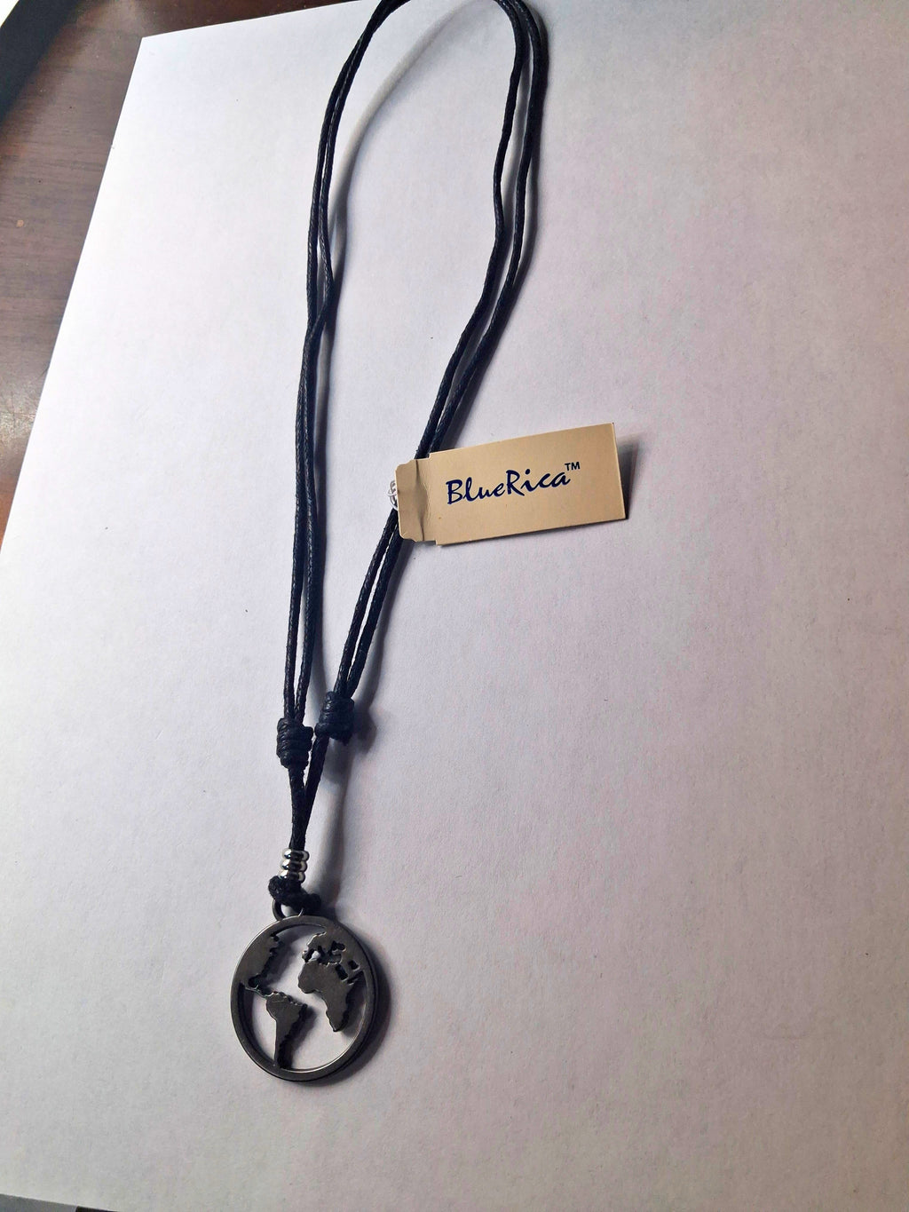 World Map Globe Pendant Necklace - Adjustable Black Cord, Gunmetal Finish