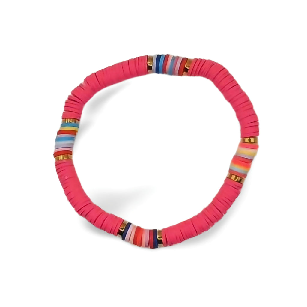 Heishi Vinyl Bead Stretch Bracelet - Colorful Rainbow Accent Boho Surfer Jewelry for Women & Teens