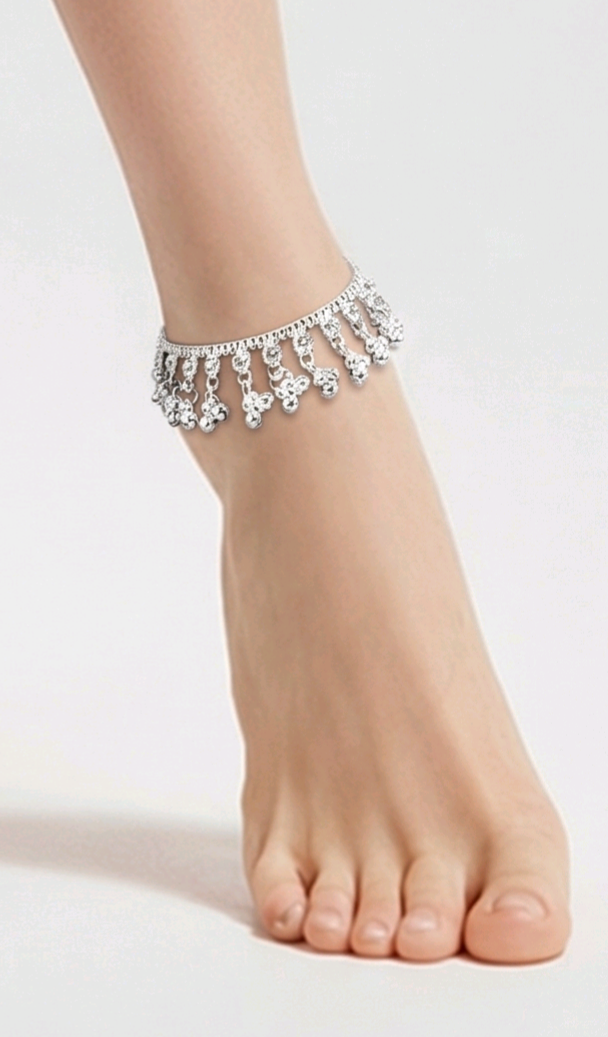Ankle Bracelet with Flower Charms Silver Tone | Traditional Handcrafted Anklet | Belly Dance & Fashion Jewelry