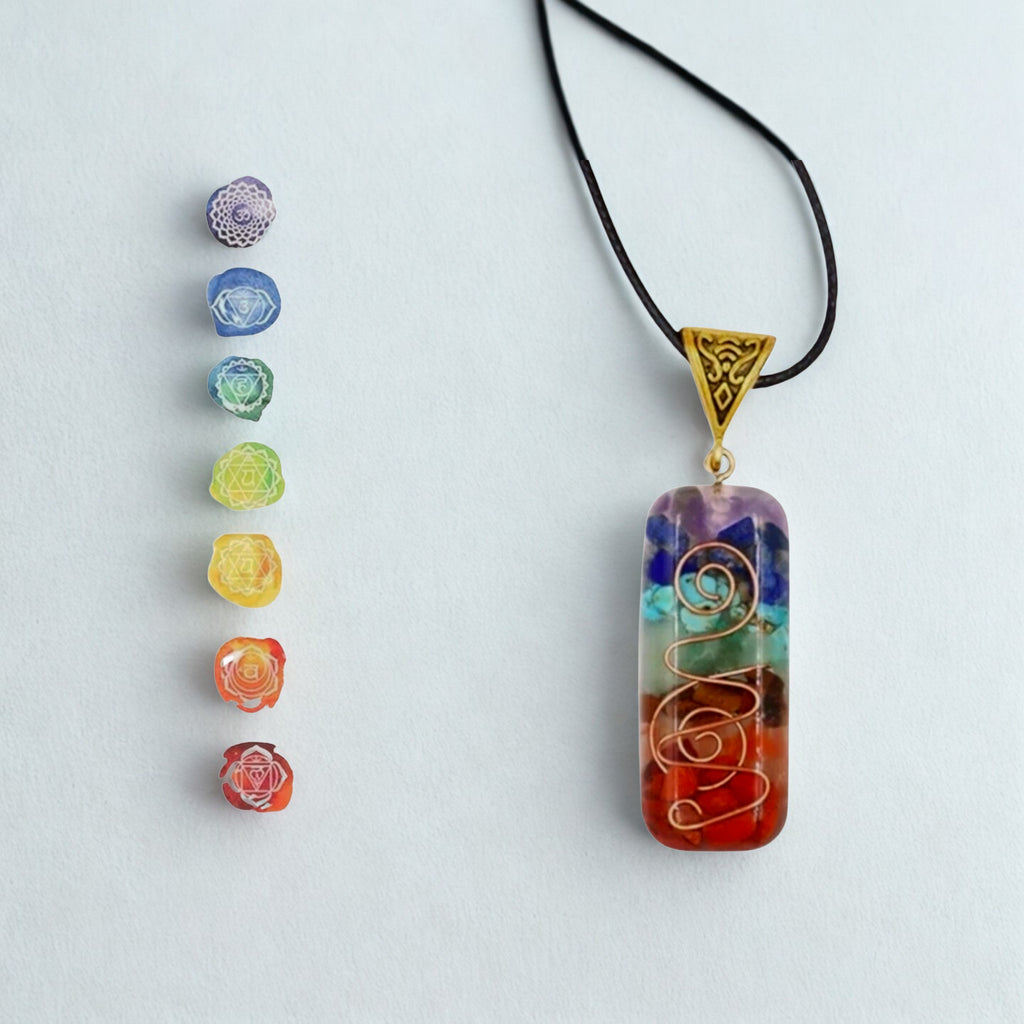 7 Chakra Orgone Pendant Necklace - Layered Healing Crystal Reiki Energy Amulet with Copper Spiral"