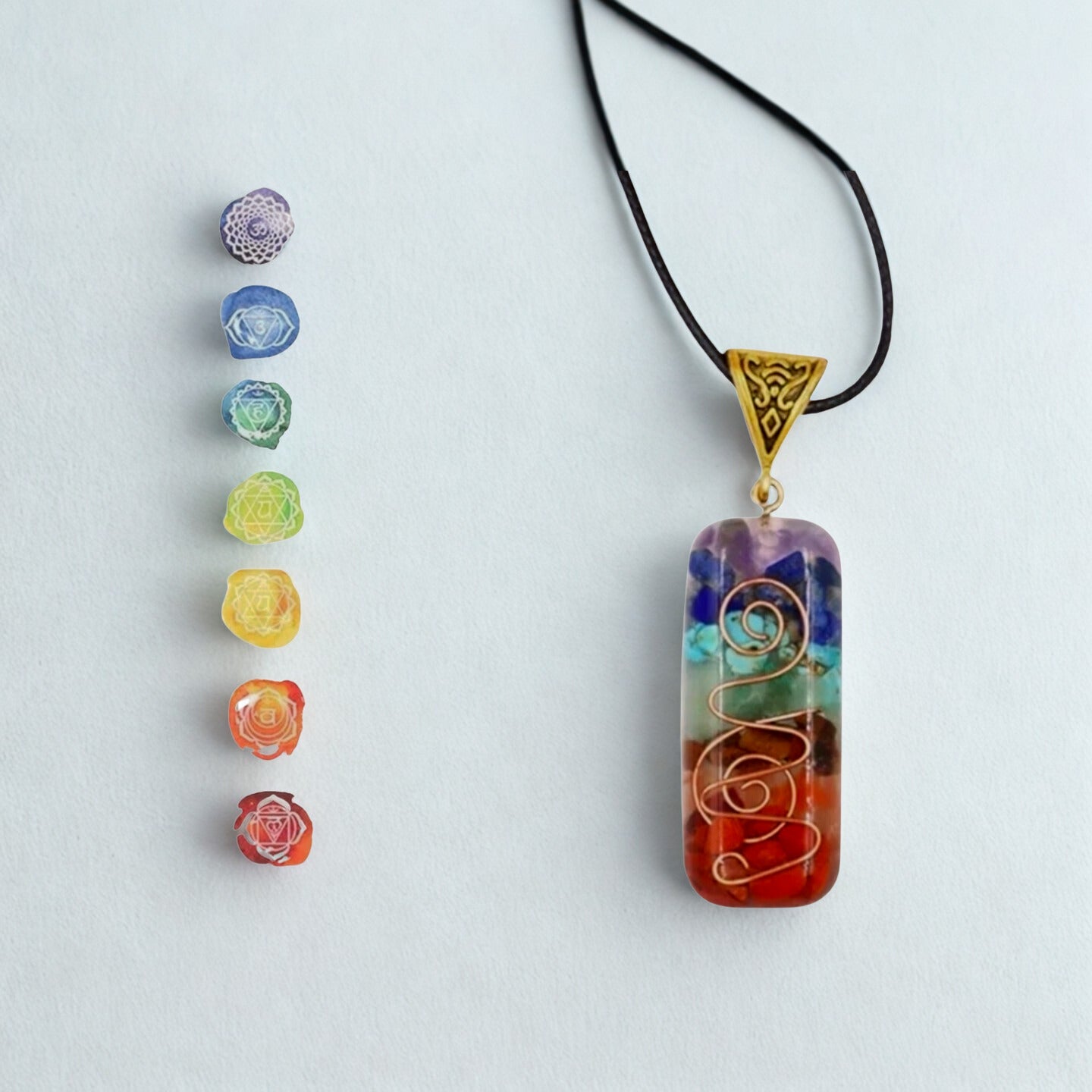7 Chakra Orgone Pendant Necklace - Layered Healing Crystal Reiki Energy Amulet with Copper Spiral"