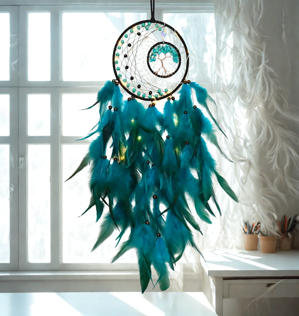 Tree of Life LED Dream Catcher Light Up   - Blue & Green with  Crystals & Feathers
