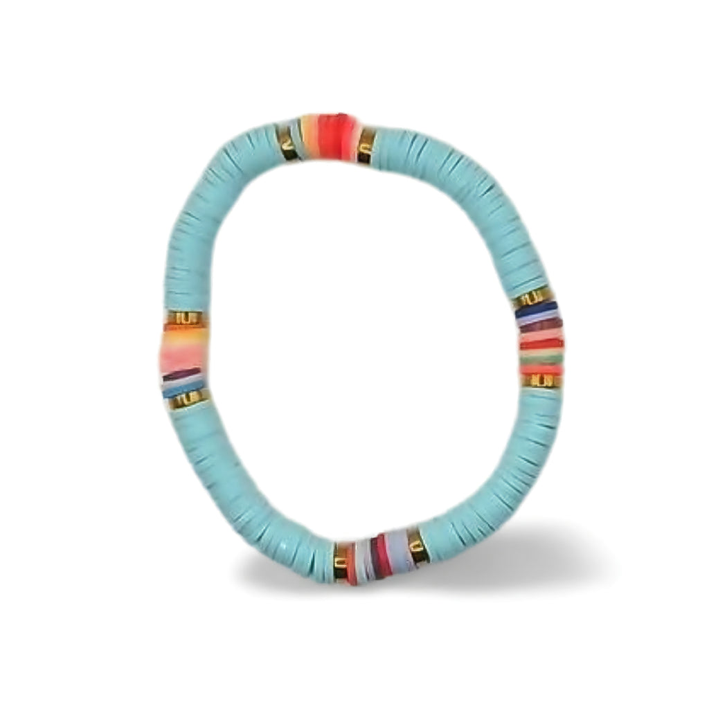 Heishi Vinyl Bead Stretch Bracelet - Colorful Rainbow Accent Boho Surfer Jewelry for Women & Teens
