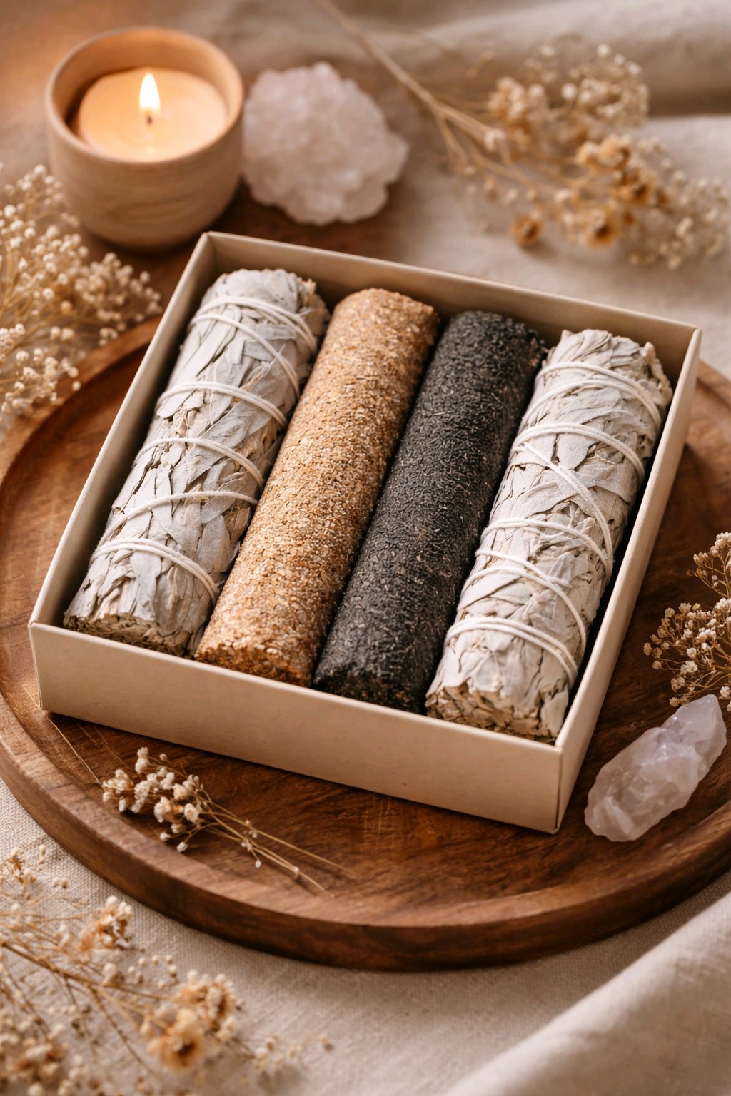 White Sage & Sacred Logs 4-Pack Set - Two White Sage Bundles + Palo Santo & Volcanic Ash Logs