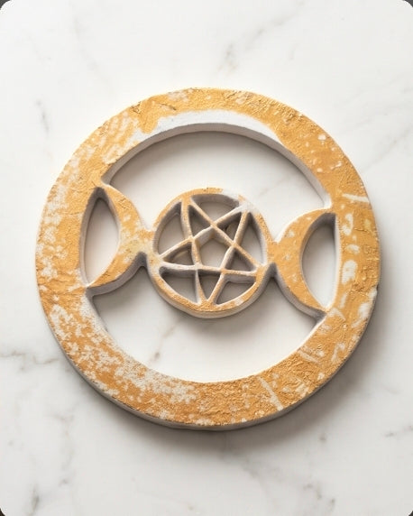 White & Gold Triple Moon Pentacle Altar Tile 4" | Metal Ritual Plate