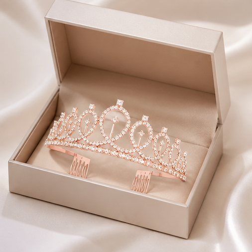 Rose Gold Rhinestone Tiara Crown with Side Combs