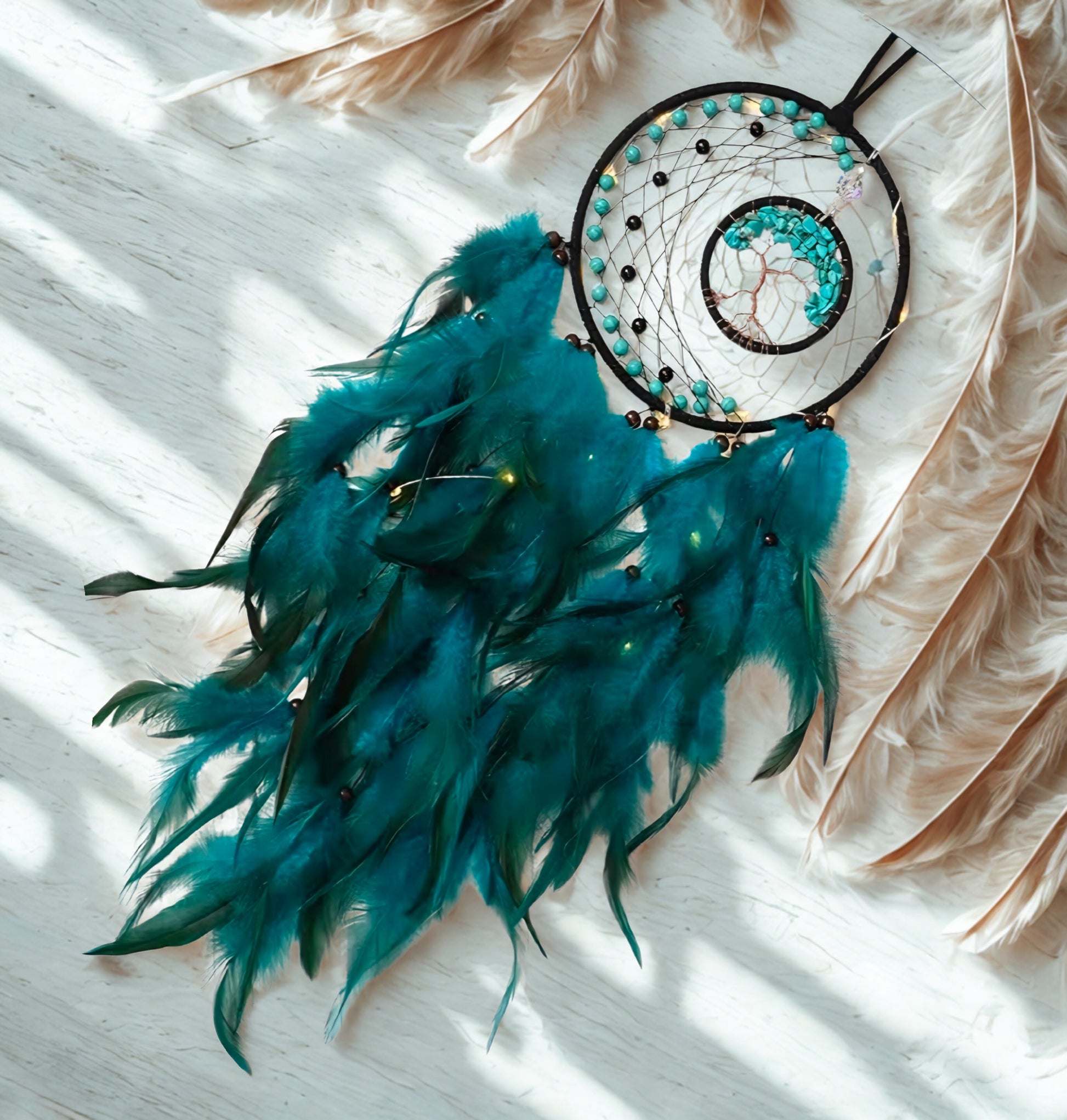 Tree of Life LED Dream Catcher Light Up   - Blue & Green with  Crystals & Feathers