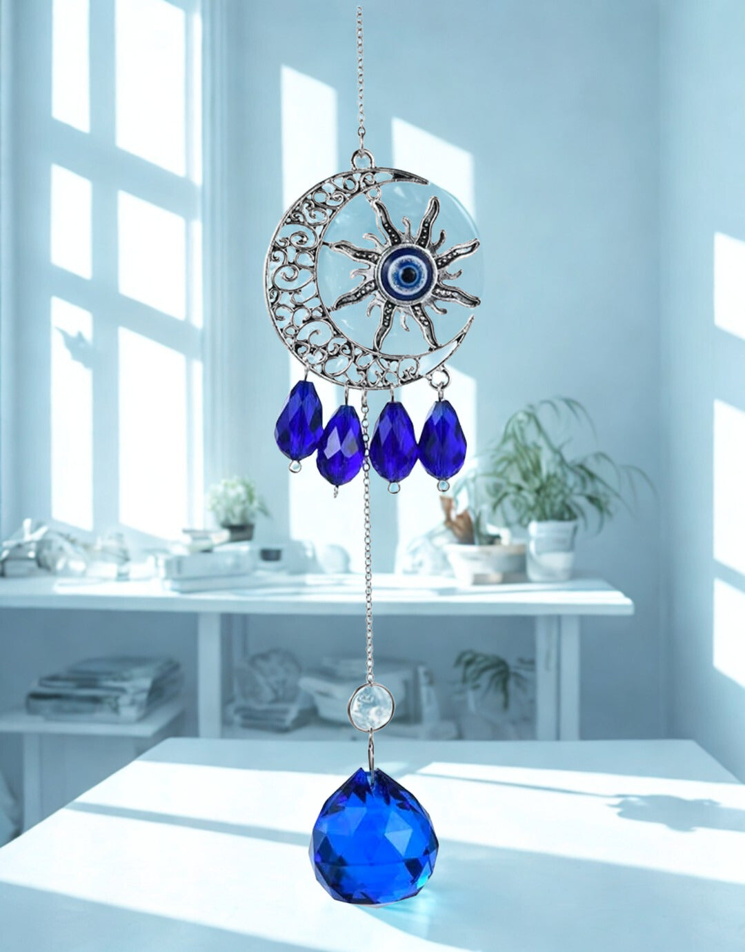 Blue Evil Eye Sun and Crescent Moon Crystal Suncatcher