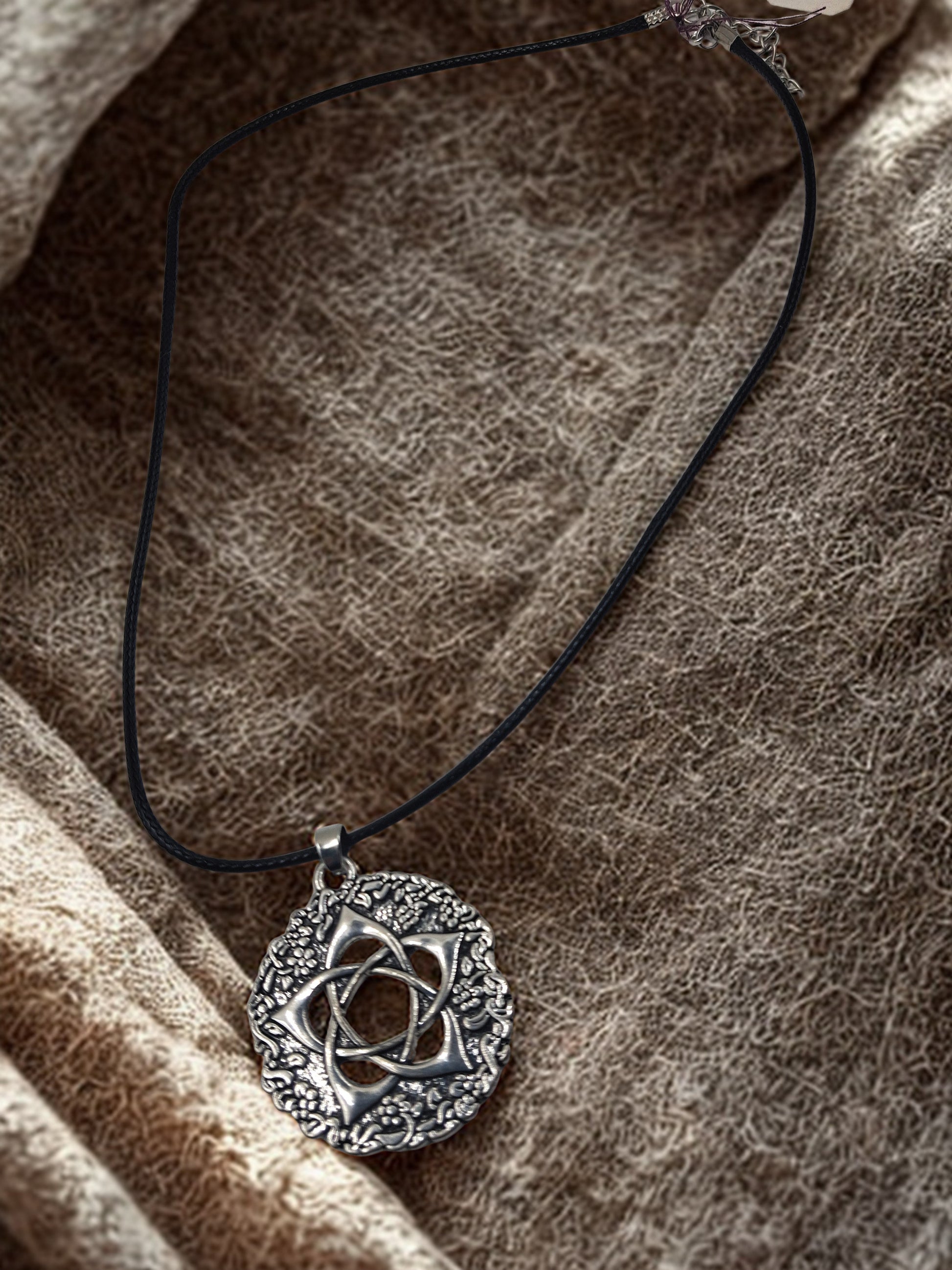 Pentacle of the Great Goddess Pendant Necklace - Antique Silver, Braided Black Cord