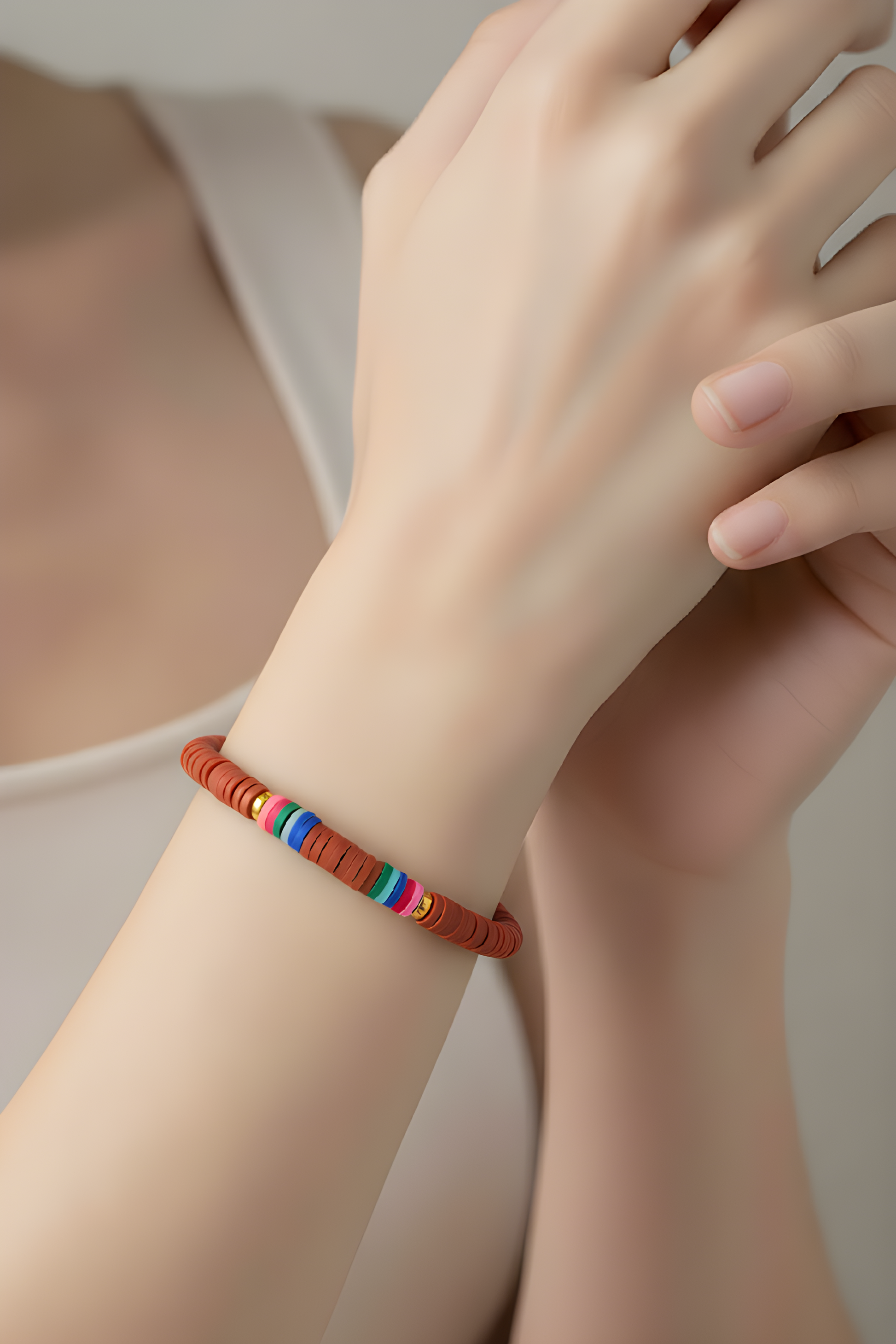 Heishi Vinyl Bead Stretch Bracelet - Colorful Rainbow Accent Boho Surfer Jewelry for Women & Teens