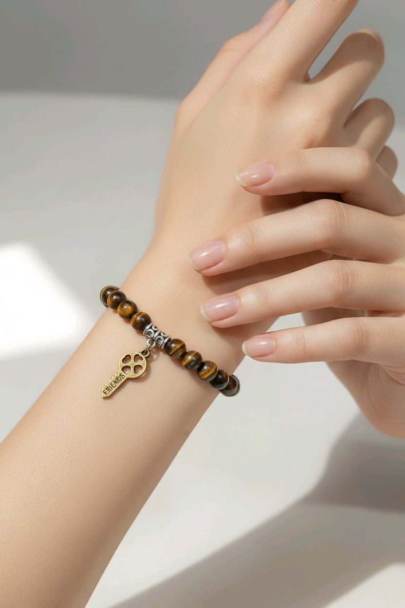 Best Friends Lovers Family Tiger's Eye Bracelet Set - Heart Lock & Key Charm (2-Piece BFF Pair)